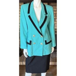 Oleg Cassini Teal & Black Vintage 2 Piece Skirt Suit Size 12